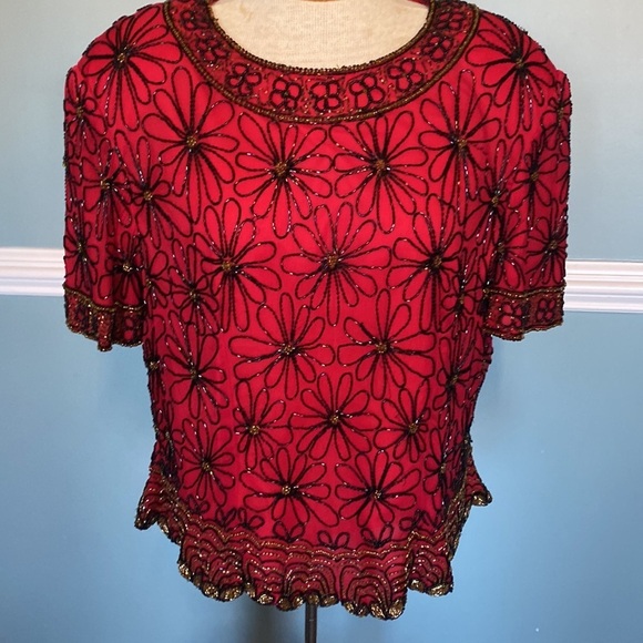 VTG Adrianna Papell Evening Essentials Beaded Top Size XL Floral Red Black Silk - Picture 2 of 11
